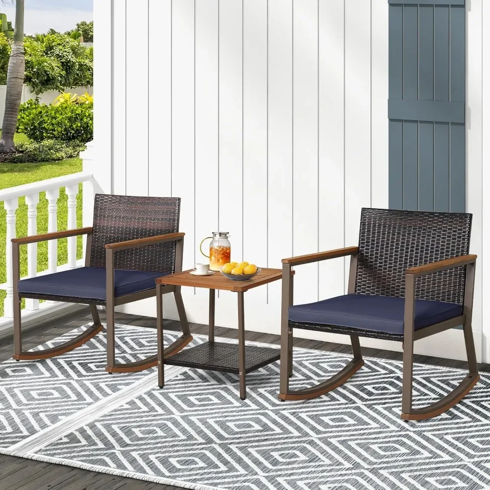 3 Pieces Rocking Bistro Set, Outdoor Rocker Chair with Coffee Table & Cushions, Patio Rattan Furniture Conversation Set