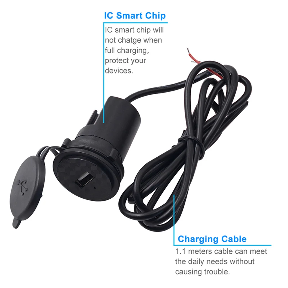 

12V USB Phone Single Port Motorcycle Panel Socket Waterproof Black ABS Charging Phones Tablets GPS Suitable ATV