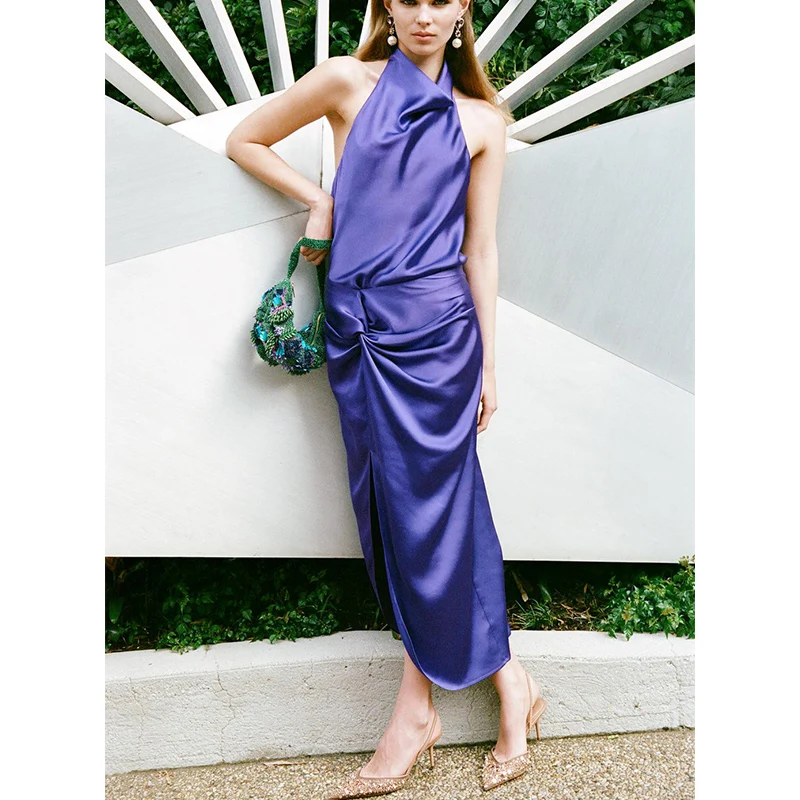 

Summer New Women's Silk Satin Bal Collar Top Slim Fit round Neline UV Protection No Sve Commute Sle Pure Color