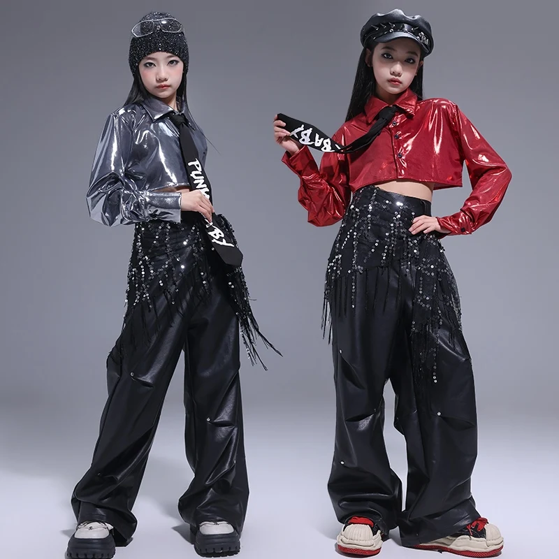 Jazzdans Kinderen Stadium Slijtage Zilver Shirt Zwart Shuffle Broek Meisje Kpop Kostuum Hip Hop Mode Kleding Straat Dancewear 1685