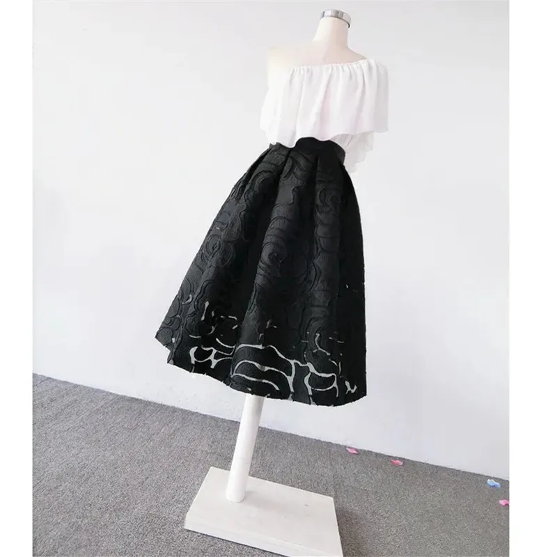 Black Skirt Organza Flocking Pattern High Waist Slimming Shaggy Skirts Mid-length Spring Summer Womens Skirts Faldas Mujer Moda