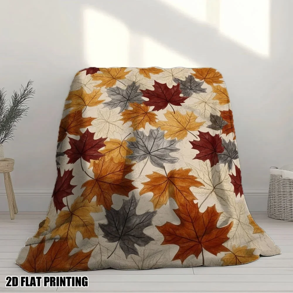 1pc Ultra-Soft Twin Size Autumn Maple Leaf Print Flannel Throw Blanket - Red Orange Yellow Brown Beige Plush All-Season Bedspread for Couch, Bed, Camping & Office - Cozy 2D Flat Printed Durable Fabric, Contemporary Fall Decor with Vibrant Leaf Pattern,