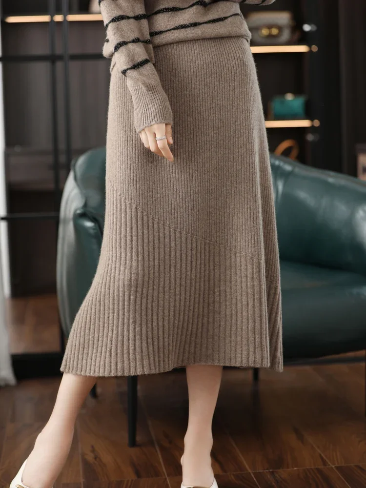 Women's Pure Cashmere Knit Skirt Long Thick Elastic Slim Hip Straight for Autumn Winter New Fashion Joker Style