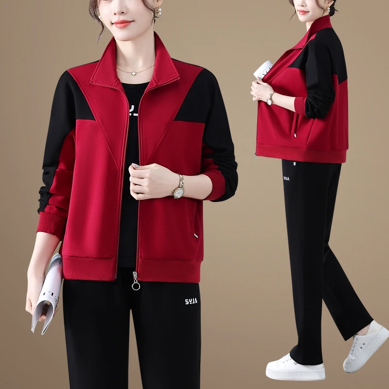 

Повседневный спортивный костюм для женщин среднего возраста: модный осенний комплект из двух предметов, свободные женские брюки на молнии с длинными штанинами.