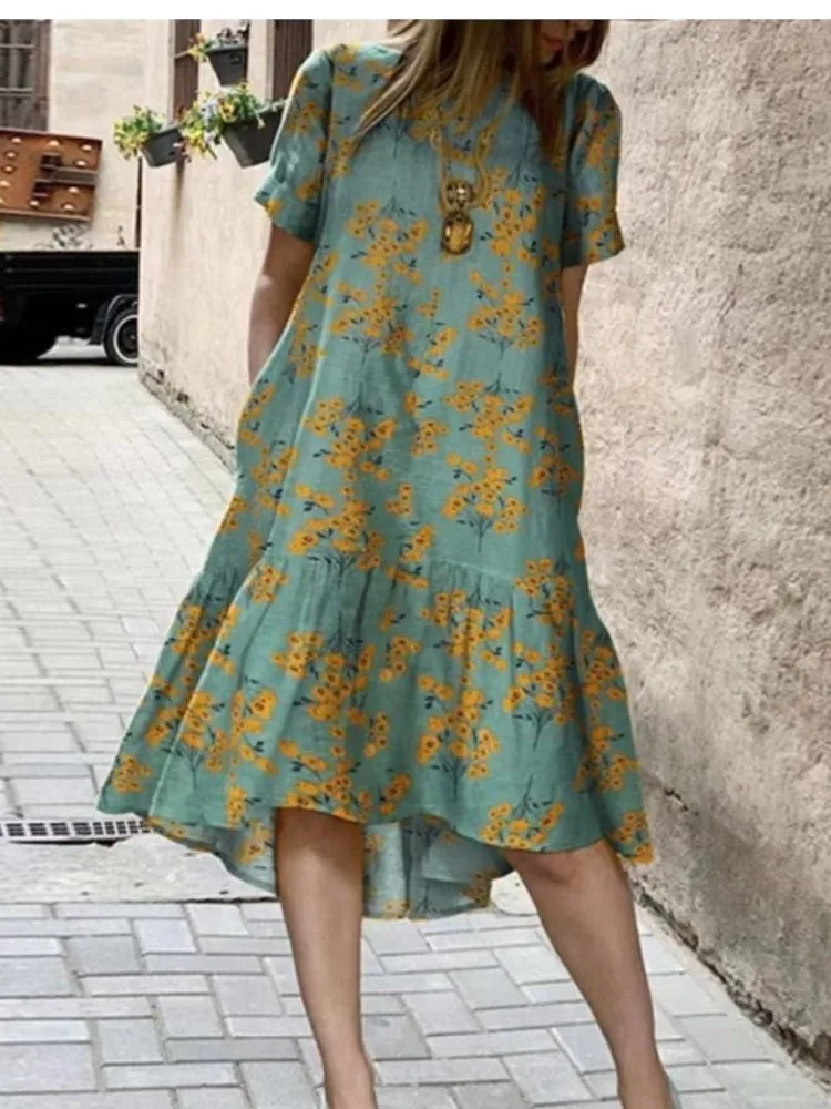 

Spring Summer Dresses For Women New Floral Print Short Sleeve Round Neck Casual Elegant Loose Daily Streetwear Female's Vestidos