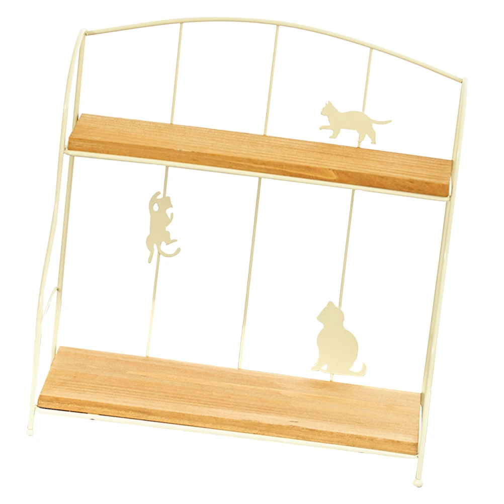 

Adorable Cat Design Double Layer Storage Rack Desktop ganizer Space Saver Compact Structure Versatile Use Wooden Shelf Storage