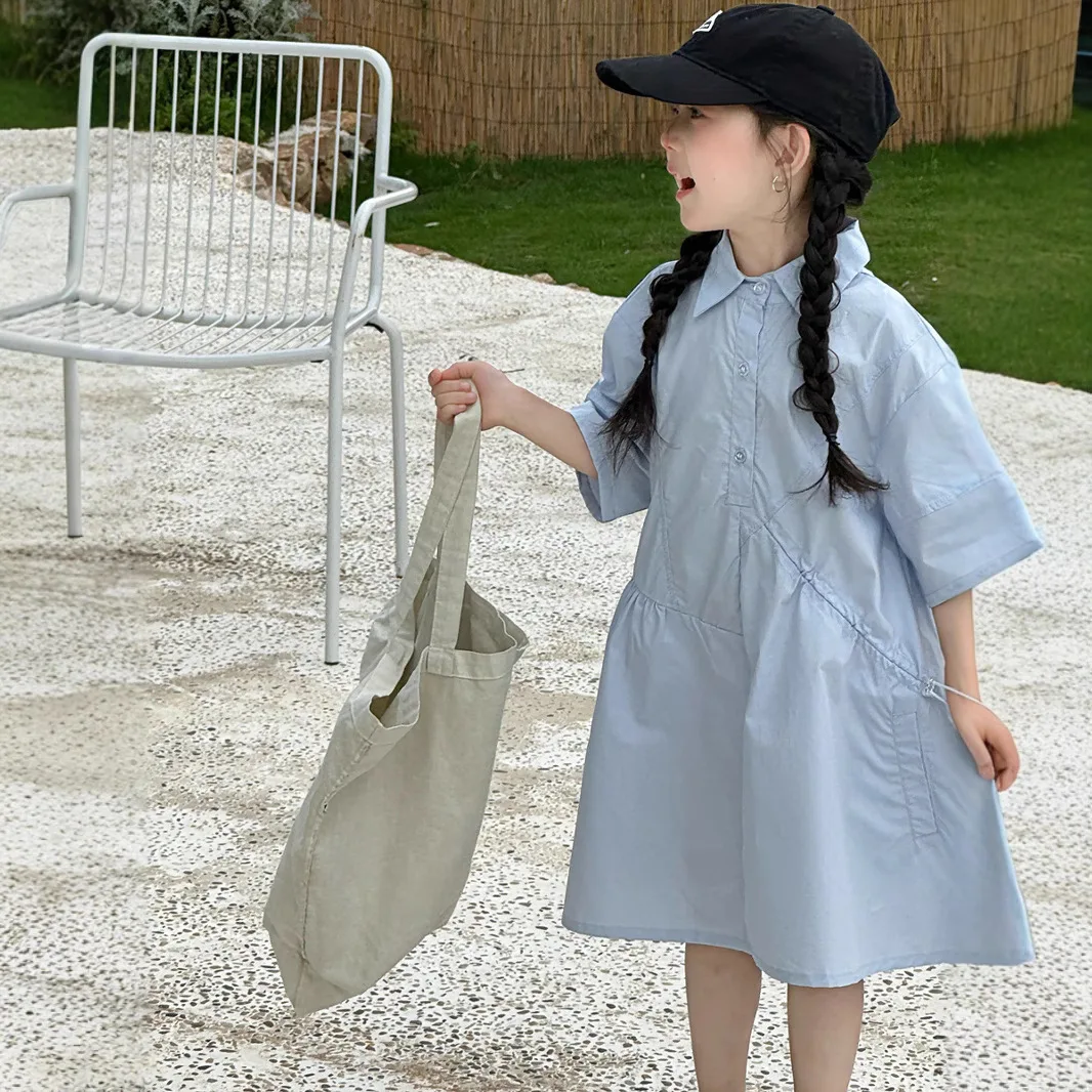 

2026 New Korean College Style Shirt Dress for Girls Summer Children Solid High-end Exquisite Dress Children Clothing