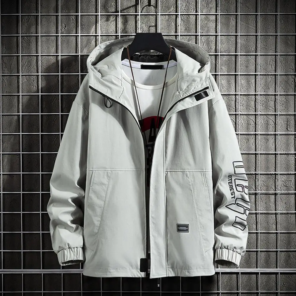 

Drawstring Design Coat Thick Warm Hooded Men's Jacket with Letter Print Zipper Closure Casual Mid Length Coat for Winter Stylish