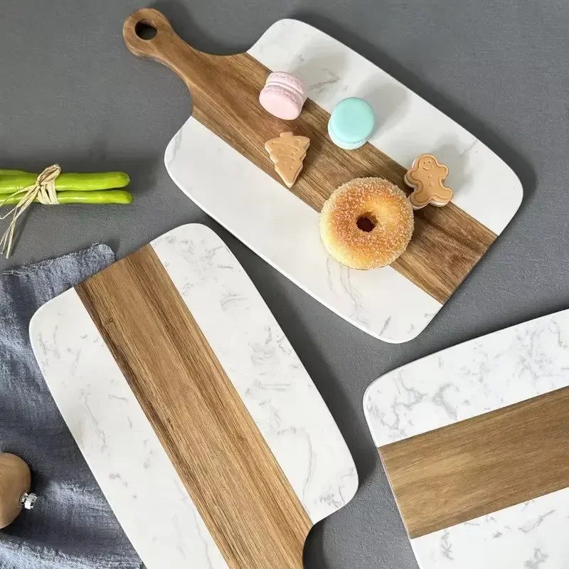 Marble Acacia Wood Rectangle Sustainable Cheese Board Set 4-piece set, cheese knife, hot food platter, kitchen utensils