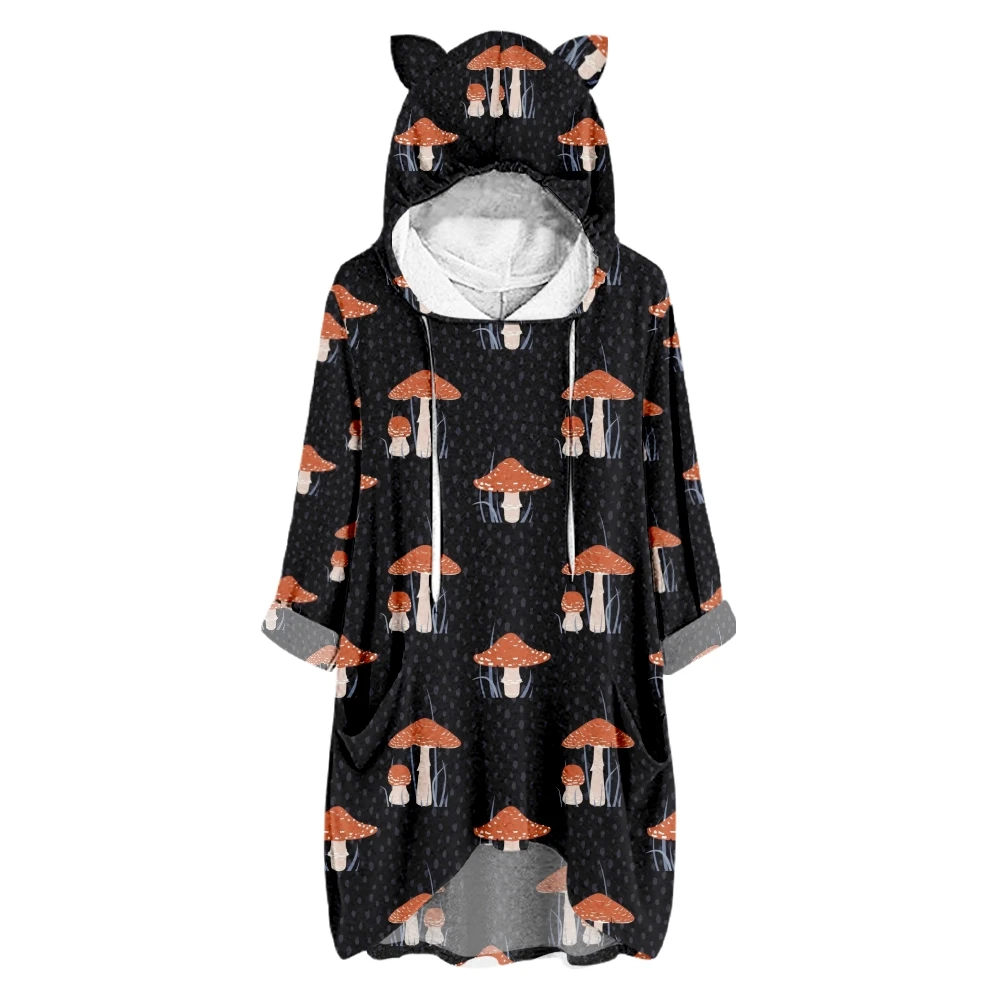 Women's Hoodie Loose Fashion Mushroom Printing Half Sleeve Casual Fashion Women Cat Ears Sweatshirt Hoodies