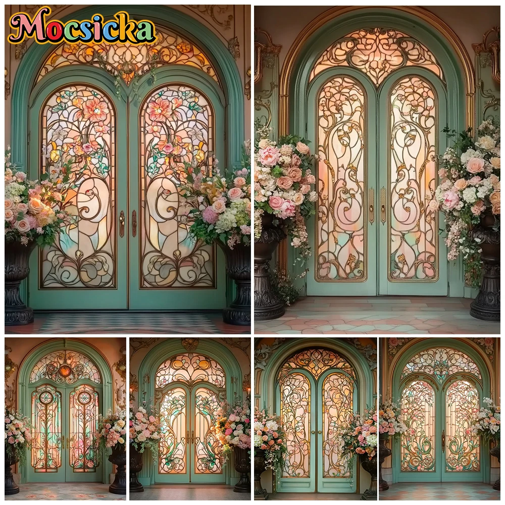 Mocsicka Art Nouveau Stained Glass Door Photography Backdrop Elegant Floral Pink Roses Background Wedding Family Girl Photoshoot