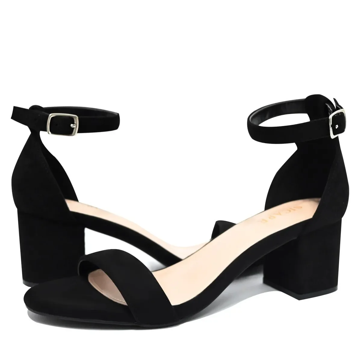 For Essentials Womens High Heel Nola Open Toe Buckle Closure Black Faux Suede 13