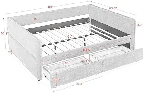 Queen Daybed with Pullout Drawers, Modern Queen Size Day Bed Frame, Upholstered Sofa Bed Frame Daybeds Furniture for