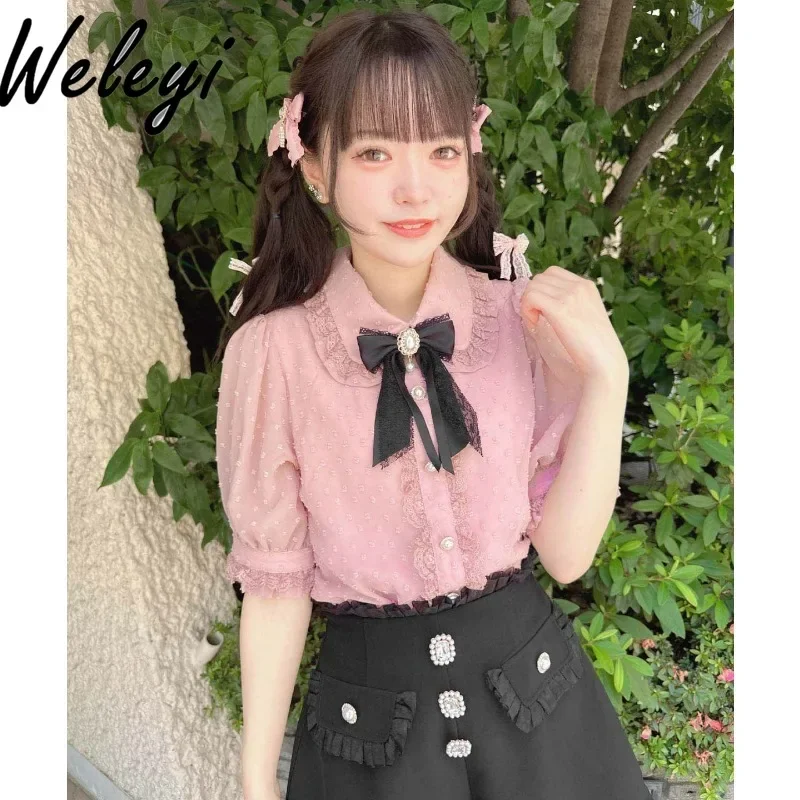 

Mine Rojita Lolita Shirt Top Japanese Women's Summer New Mass Produced Polka Dot Transparent Peter Pan Collar Short Sleeve Blusa