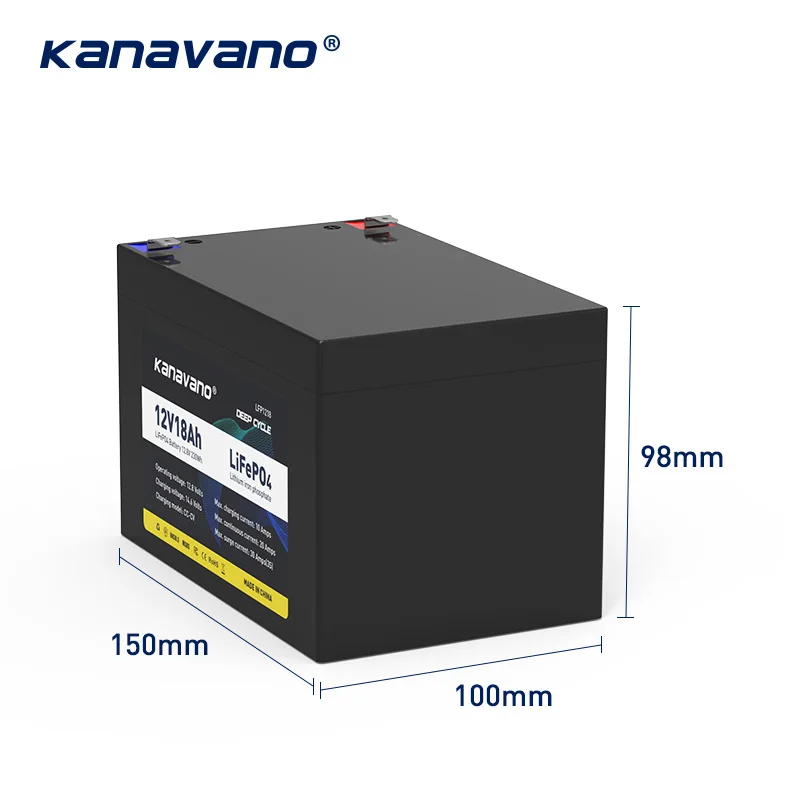 Batteria ricaricabile Kanavano Lifepo4 12V 18Ah per sistemi di accumulo di energia solare Batteria a ciclo profondo con caricatore 2A EU/US