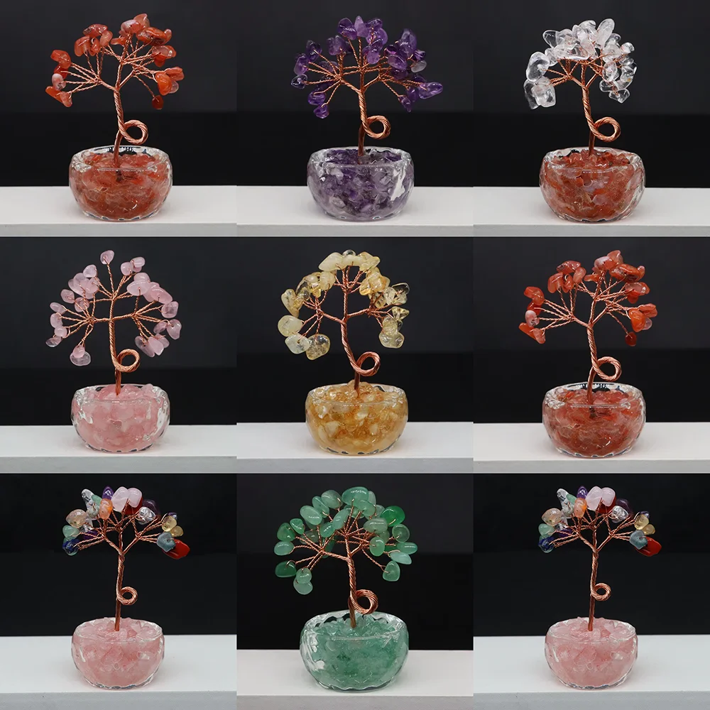 شجرة الحياة الكريستال الطبيعية أشجار المال اليدوية الأسلاك النحاسية جمشت الكوارتز الحصى أحجار الريكي ديكور المنزل فنغ شوي محظوظ
