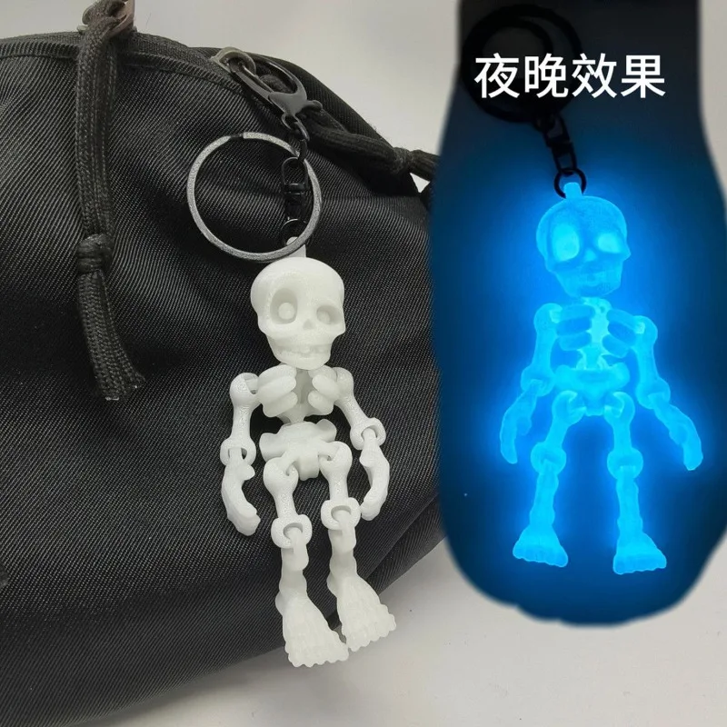 3D Printed Articulated Skeleton Keychain Glow in Dark Movable Joint Skull Figure Key Ring Halloween Gothic Backpack Pendant Gift