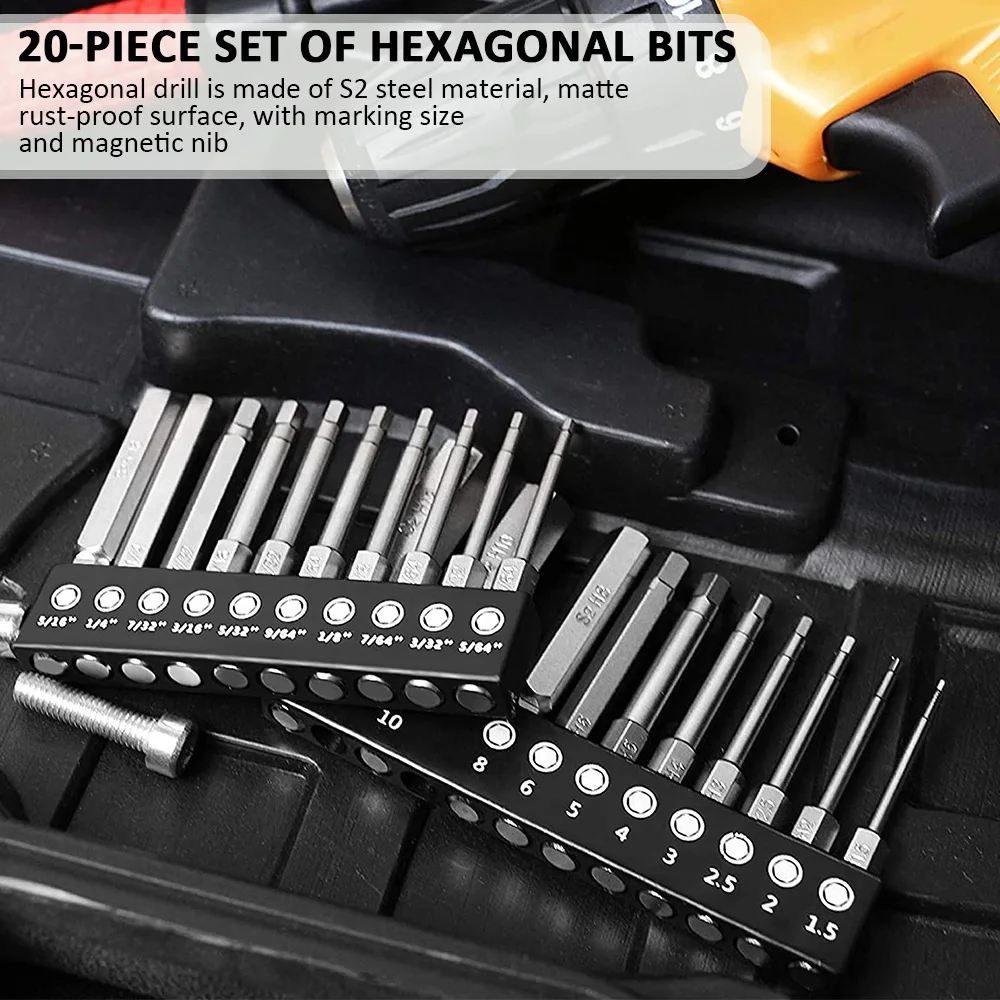 20 Buah/Set Set Bit Bor Kunci Pas Allen Kepala Hex Bit Bor Baja S2 Premium Set Bit Obeng Magnetis Rilis Cepat