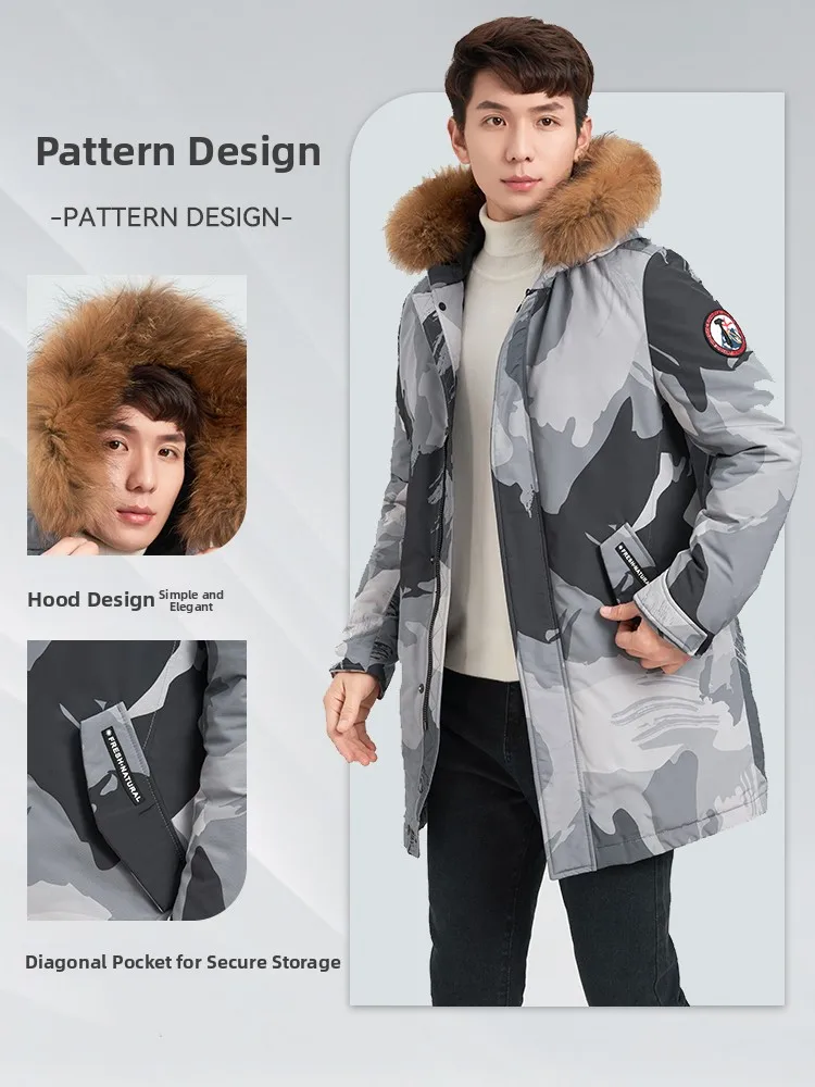 

Winter Windproof Warm Camouflage down Jaet with Fur Hood Mid-Length Casual Sle Men's And Women's Outdoor Clothing