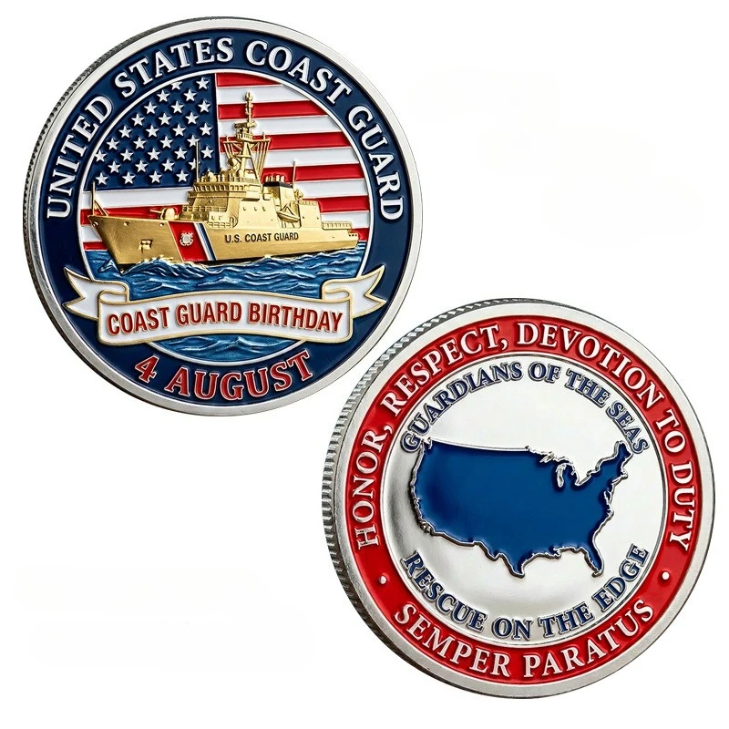 Coast Guard Birthday Challenge Coin August 4 Guardians of The Seas Semper Paratus Silvery Plated Collectible Coin Veteran Gift view 5