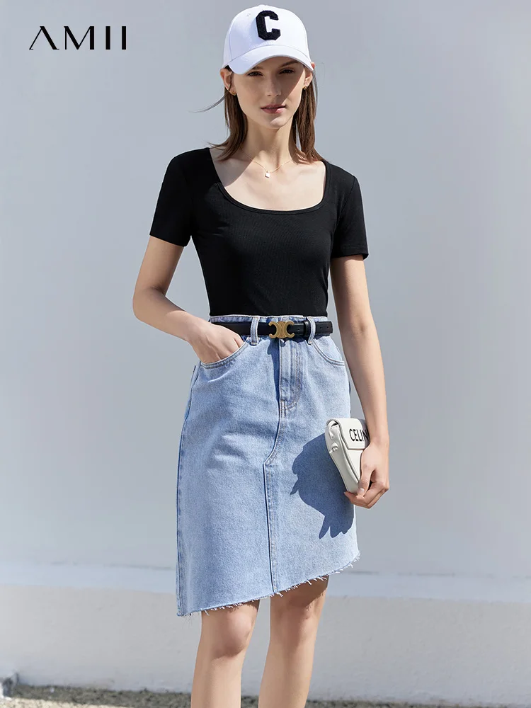 Amii Minimalism Woman Denim Skirts 100%Cotton Asymmetrical Casual Fashion Offical Lady Denim Skirt for Women Midi Skirt 12240364