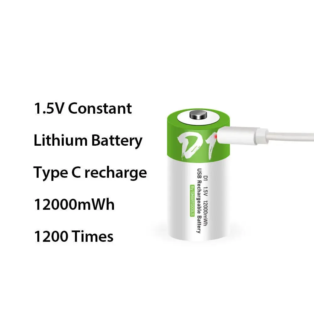 High Capacity Rechargeable D Size LR20 Li-ion Battery 1.5V 12000mWh USB Type-C Cable For Gas Appliance Liquefied Gas Cooker