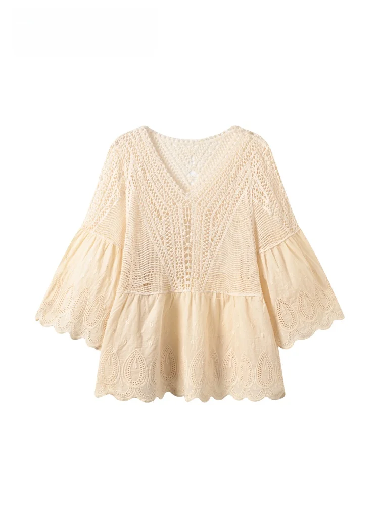 

plus Size Women's Long Sleeve Hollow out V-Neck Top Fashionable Versatile Spring Clubwear Comfortable Loose Fit Polyurethane ...