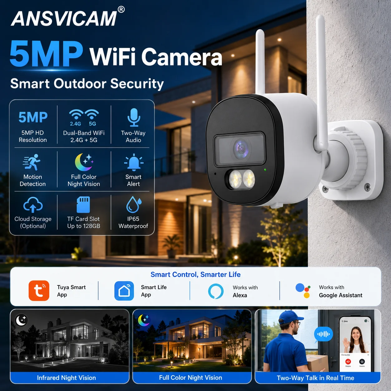 5MP Tuya WiFi PTZ Security Camera IP Camera Indoor Outdoor Home Surveillance CCTV Wireless Auto Motion Detection