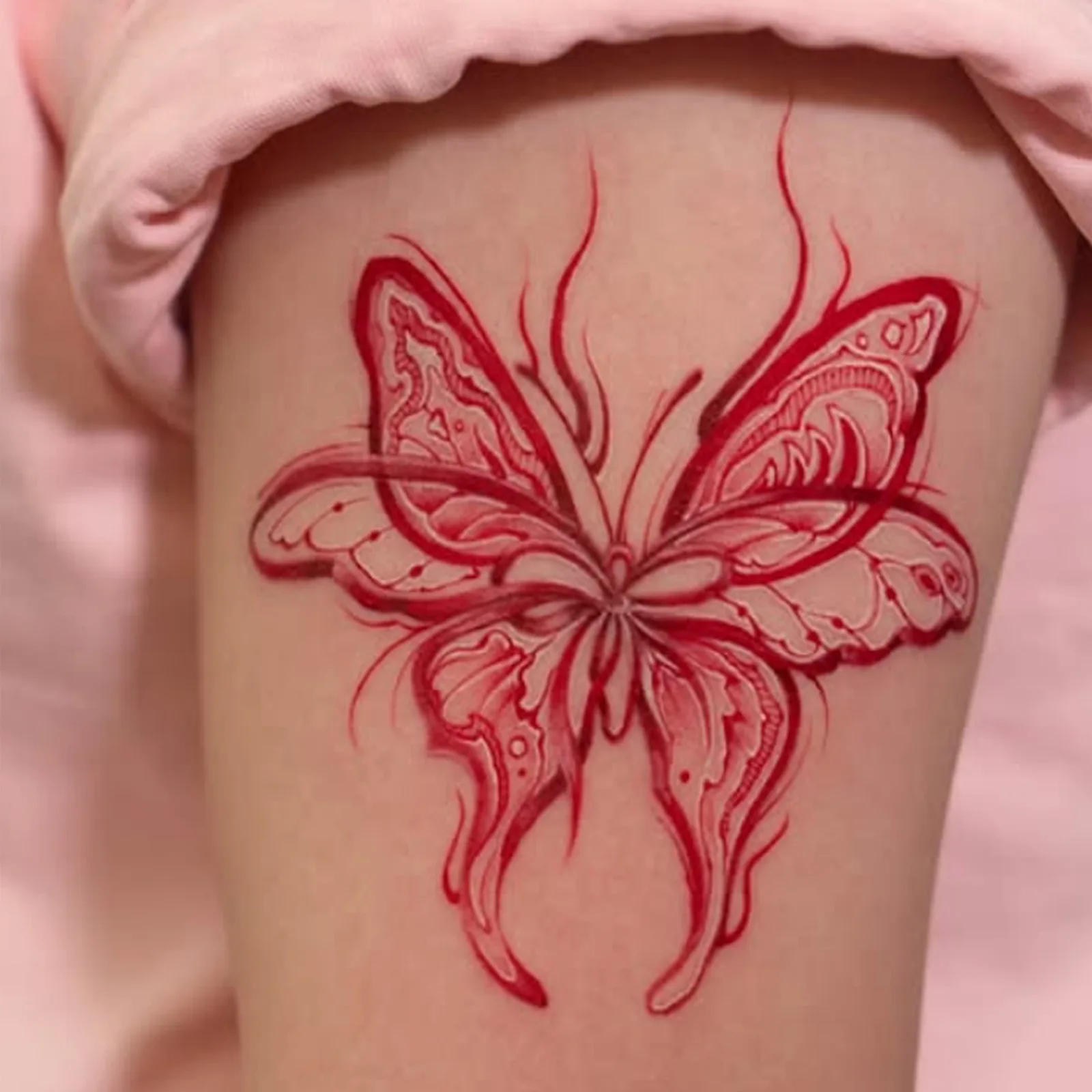 

Wine Red Blood Butterfly Tattoo Sticker, Temporary Tattoo Sweet Cool Flame Tail Thigh Waterproof Long-Lasting Realistic Sticker