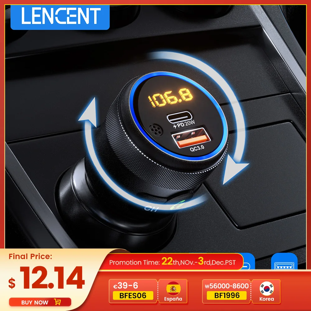 LENCENT FM Transmitter Modulator Car Bluetooth 5.1 withType C PD 20W and QC3.0 18W Car Fast Charger MP3 Player Radio Transmitter