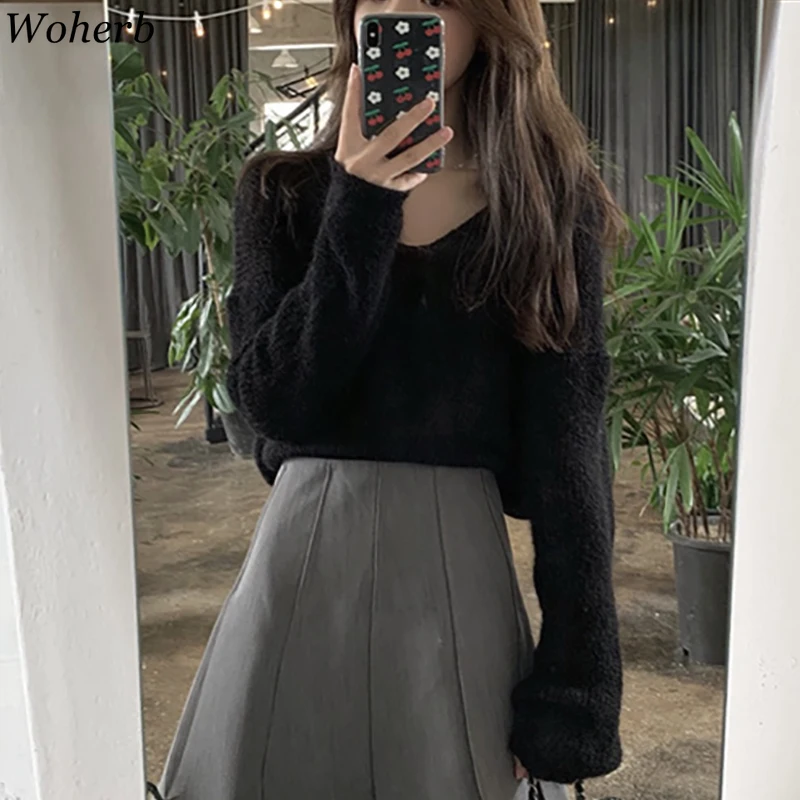 Woherb 2024 New Chic Mohair Thin Hollow Out Tops Women Capes Pullover Vintage Summer Jumper Femme Korean Crop Knitwear