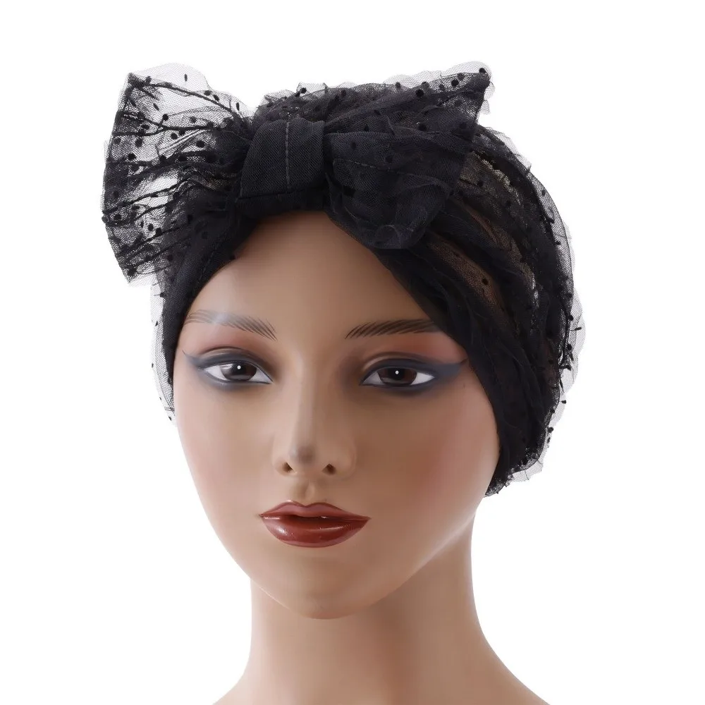 Breathable Polka Dot Mesh Bonnet Wrinkle Lace Retro Style Headscarf Hat Chic Design Folded Design Sleep Cap