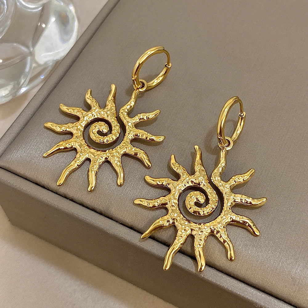 Trendy Gold Silver Color Stainless Steel Earrings for Women Men Vintage Spiral Sun Totem Drop Dangle Earrings Jewelry Gifts