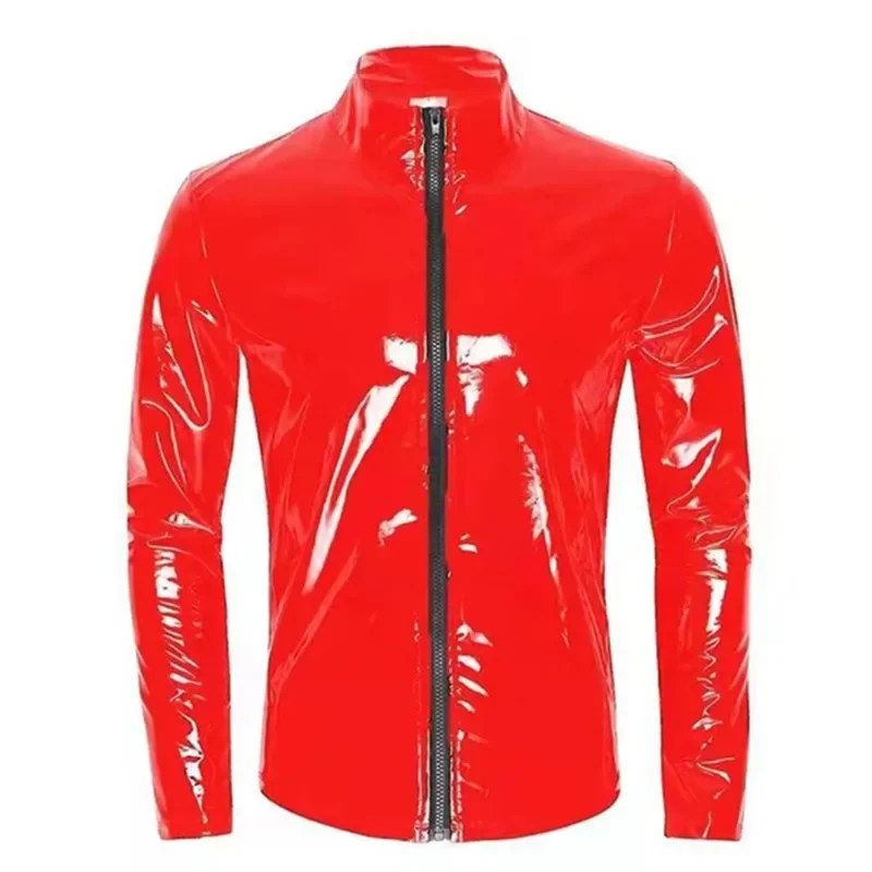 New Men Zipper Cardigan Stand-up Neck Shirt PVC Glossy Patent Leather Sexy Tight Stretch Latex Outerwear Male Motorbike Clothing