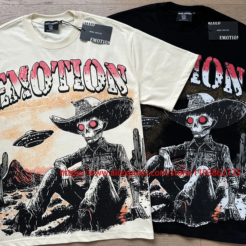 

Retro Fashionable MIXED EMOTION T-shirt Street Hip-hop Summer Casual Alien Print Tops Mixed Emotion Short Sleeves Tees