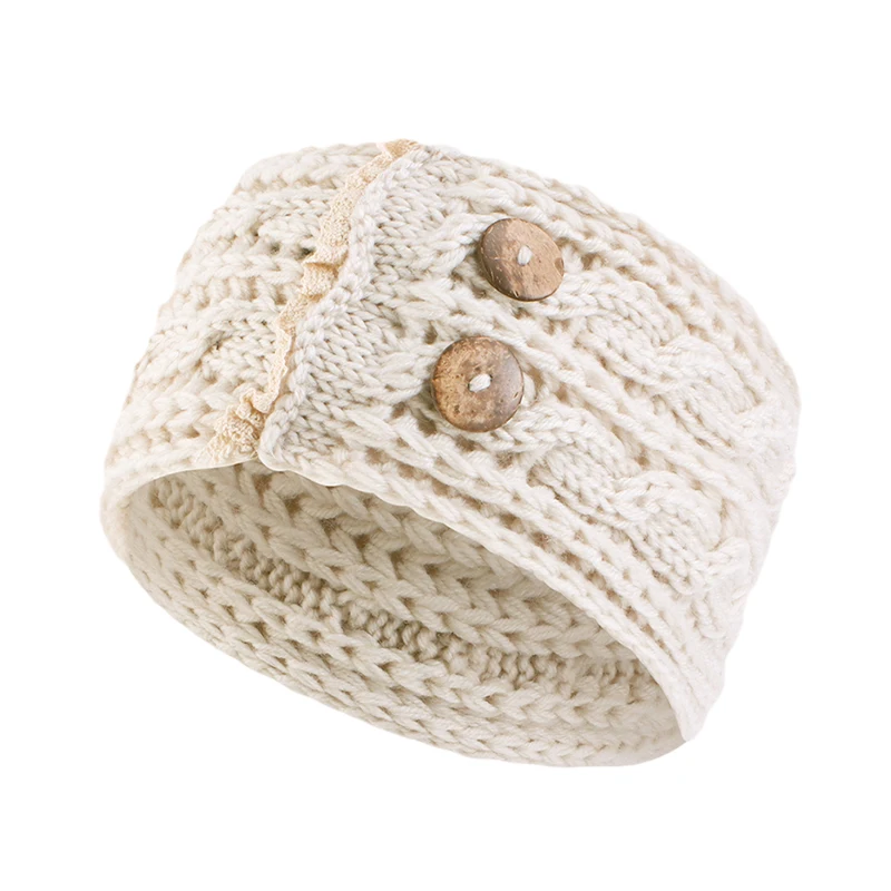 New Women Elegant Winter Knitted Headbands with Wooden Button Solid Color Coldproof Ear Warmer Headband Elastic Wide Hairband image 6