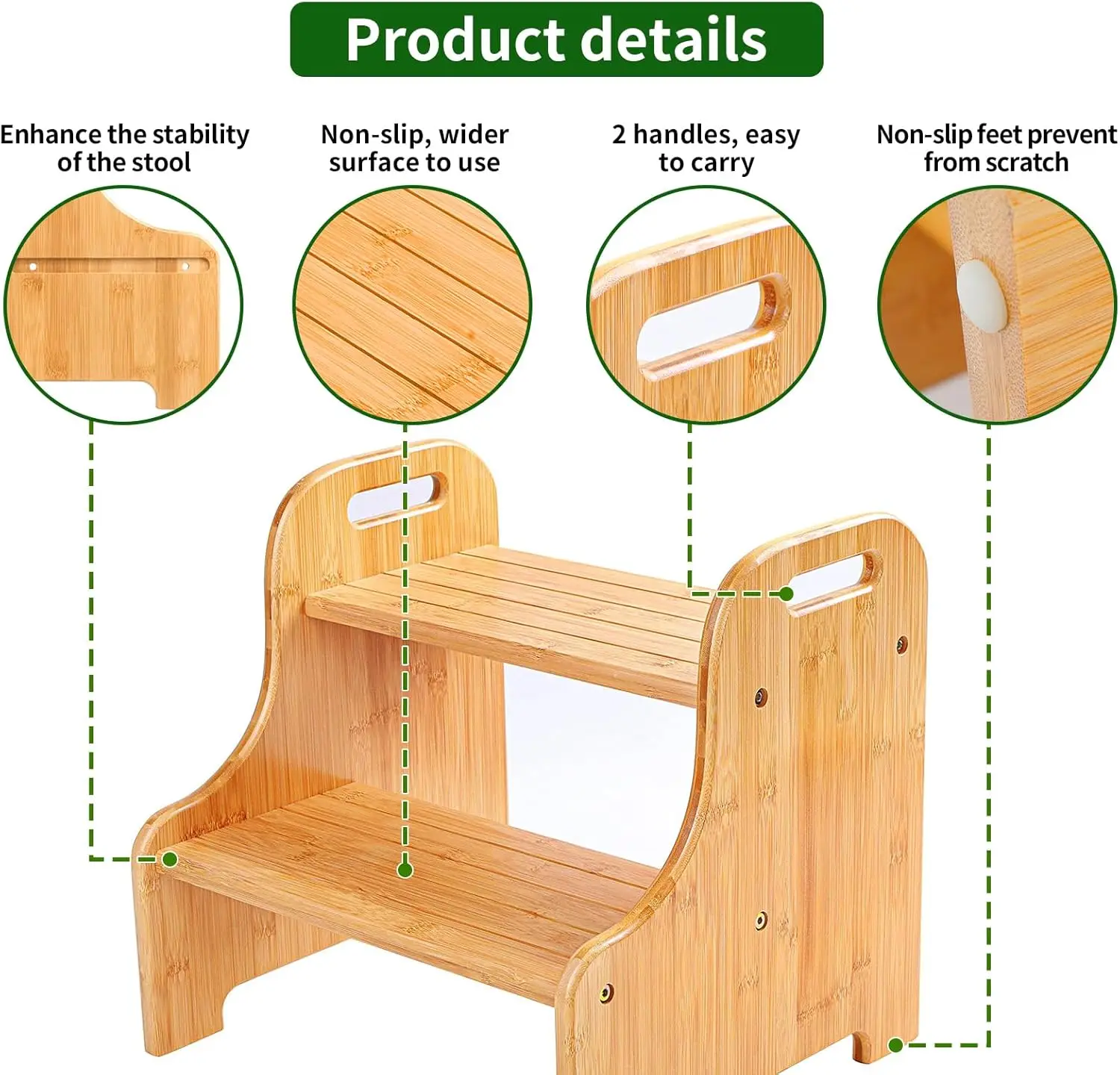 Bamboo 2 Step Stool with Non-Slip Step Treads and 2 Cutout Handles
