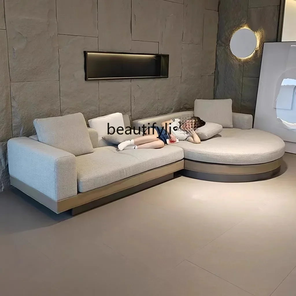 

02 Italian minimalist arc L-shaped corner cotton and linen fabric sofa large flat-floor villa designer