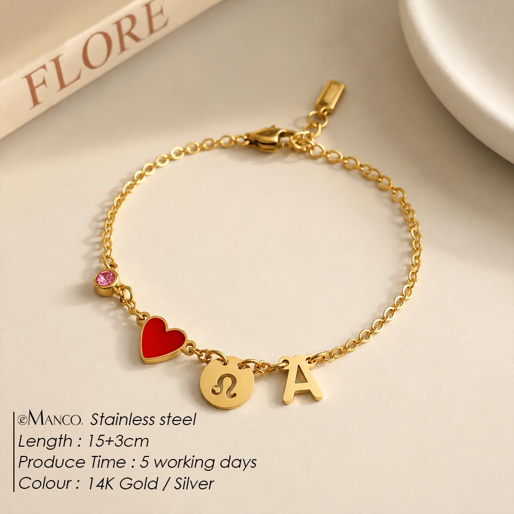EMANCO Stainless Steel Gold Color Link Chain Bracelet Custom Heart Zodiac Initial Charms Pink Rhinestone Vacation Travel Jewelry