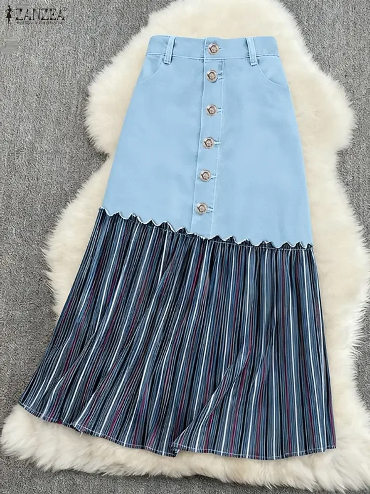 

2025 Women Long Skirts ZANZEA Autumn Denim High Waist Patchwork Printing Jupes Faldas Saia Casual Loose Buttons Ruffled Skirts