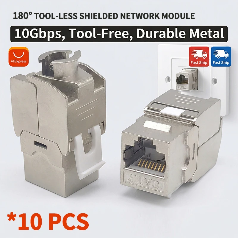 10PCS-CAT.7 Shielded RJ45 Keystone Jack Tool-less No Punch Down Up-Down Crimp 10Gbps Ethernet Network Data Module