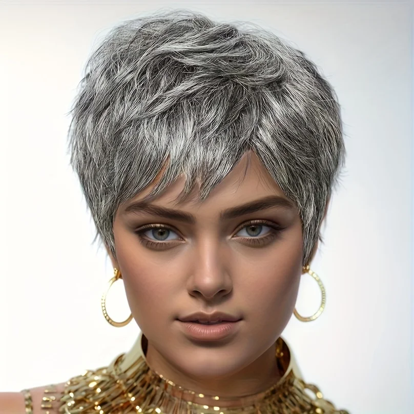 

Короткие парики с стрижкой пикси Черный парик из синтетических волос с омбре серого цвета с челкой Тепло-мягкий США