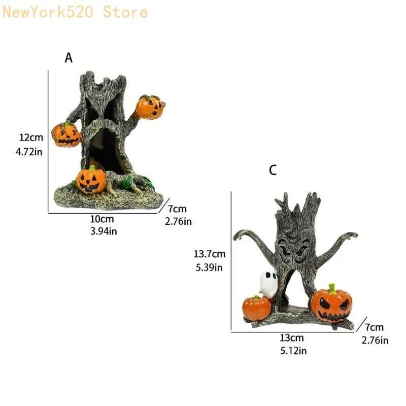 N84C Halloween Fish Tanks Dekorasi Stump Labu Rumah Resin Patung