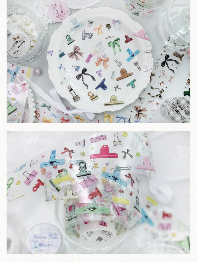 Journal GO 4.5cmx2m Cute Clips Ribbon Bow Patterned Tape Sticker for Collage Junk Journal Craft diy Scrapbook decor Masking Tap