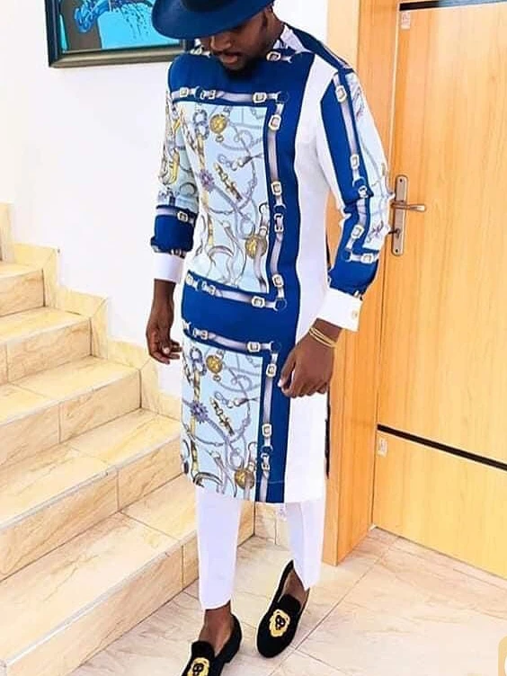 

Men's casual white navy printed long sleeve two-piece set