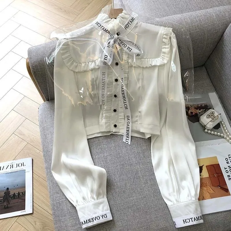 

French Fragrance Half High Neck White Shirt Women Fashion Letter Ribbon Bow Temperament Solid Short Spring Autumn Lady Sweet Top