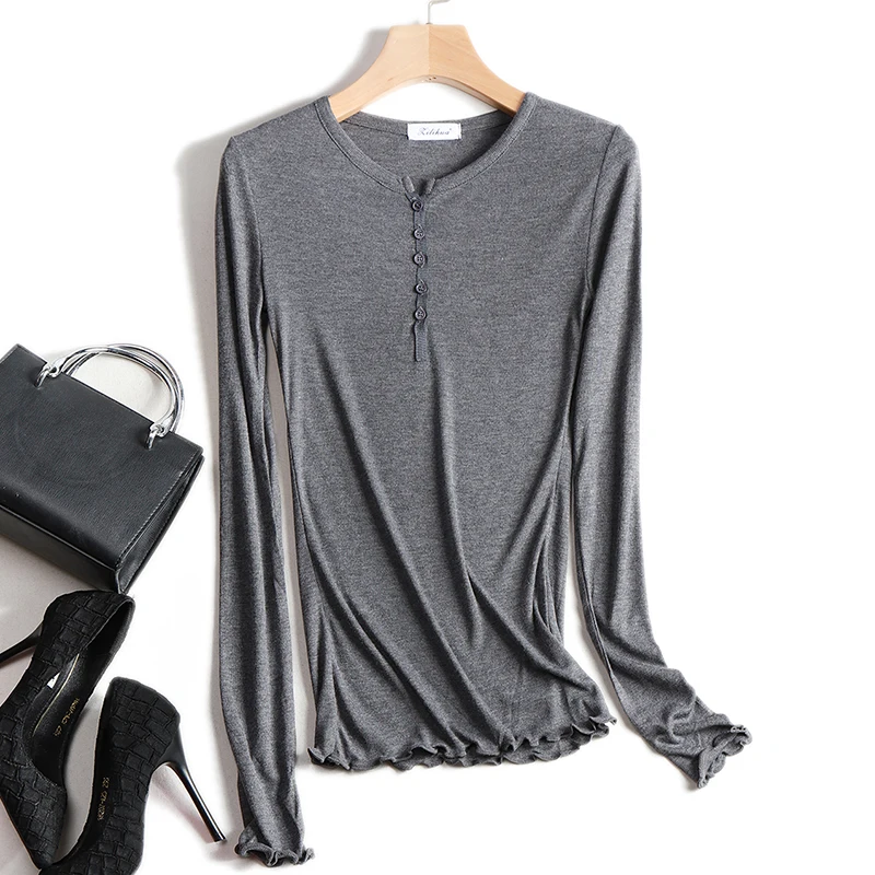 

Cotton Knitted Deep V-Neck Slim Tops Sexy T Shirt Front Button Ruffles Long Sleeve Summer Elegant Women T-shirt See Through 2026