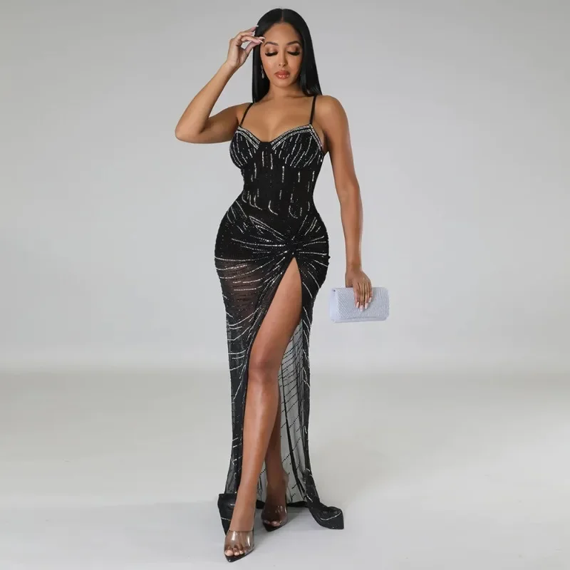 

KEXU 2025 Sexy High Split Strap V Neck Women Sleeveless Clubwear Bodycon Long Dress Birthday Party Evening Prom Maxi Dresses