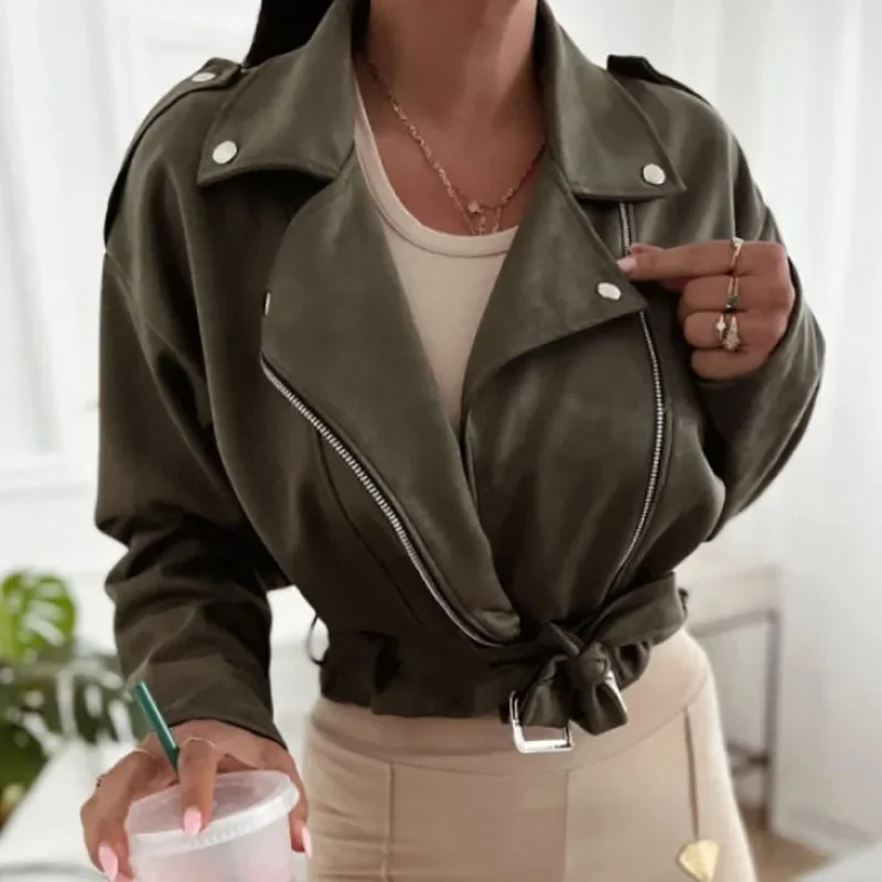 

Autumn Winter Elegant Lapel Collar Solid Jackets Women Fashion Zipper Lace-Up Waist Short Coat Casual Long Sleeve Slim Overcoat