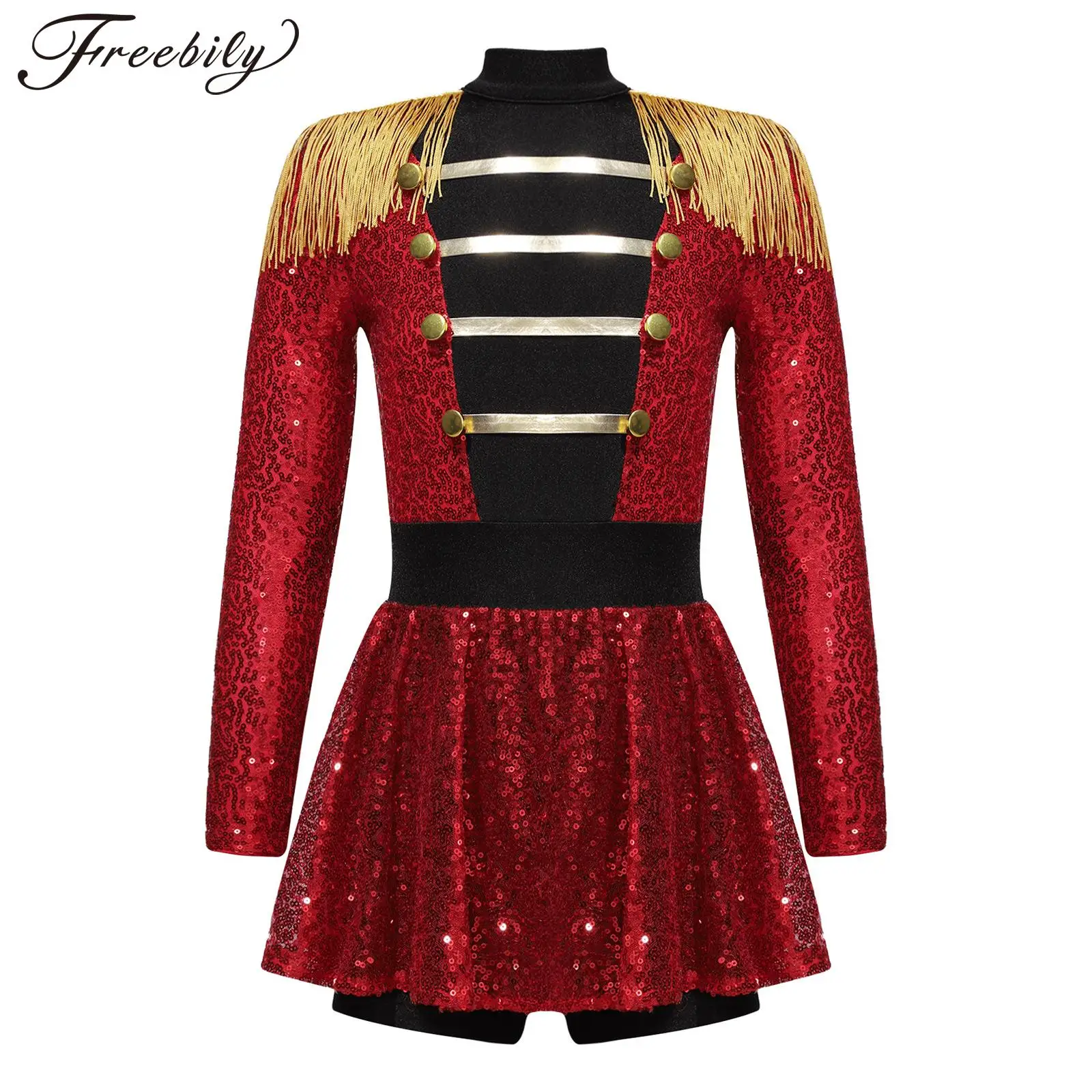 

Kids Girls Circus Ringmaster Costume Shiny Sequins Long Sleeve Tassel Dance Dress Halloween Cosplay Party America Drum Costume